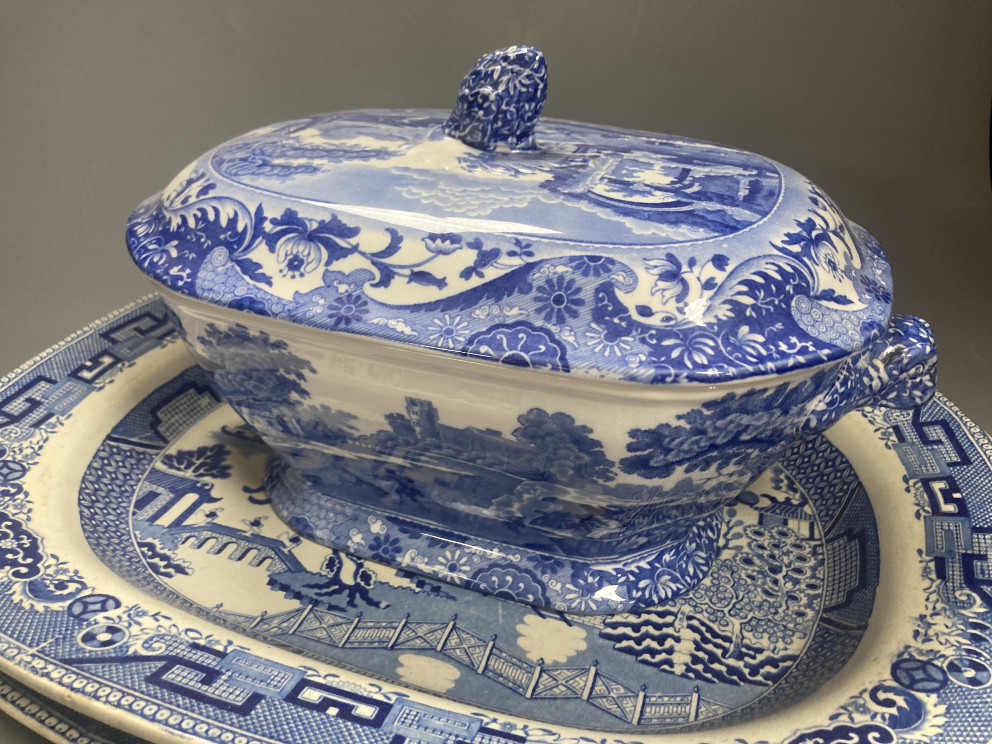 A Copeland Spode blue and white tureen and two Victorian meat platters, longest 43cm